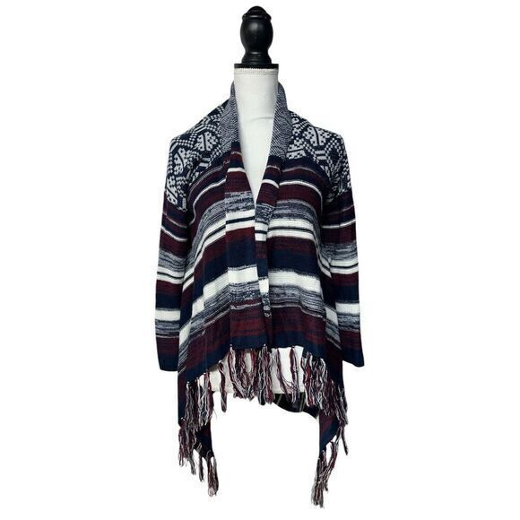 Sweaters - Hooked‎ Up Flyaway Cardigan Small Indigo Red Striped Tassels Knit Long Sleeve M